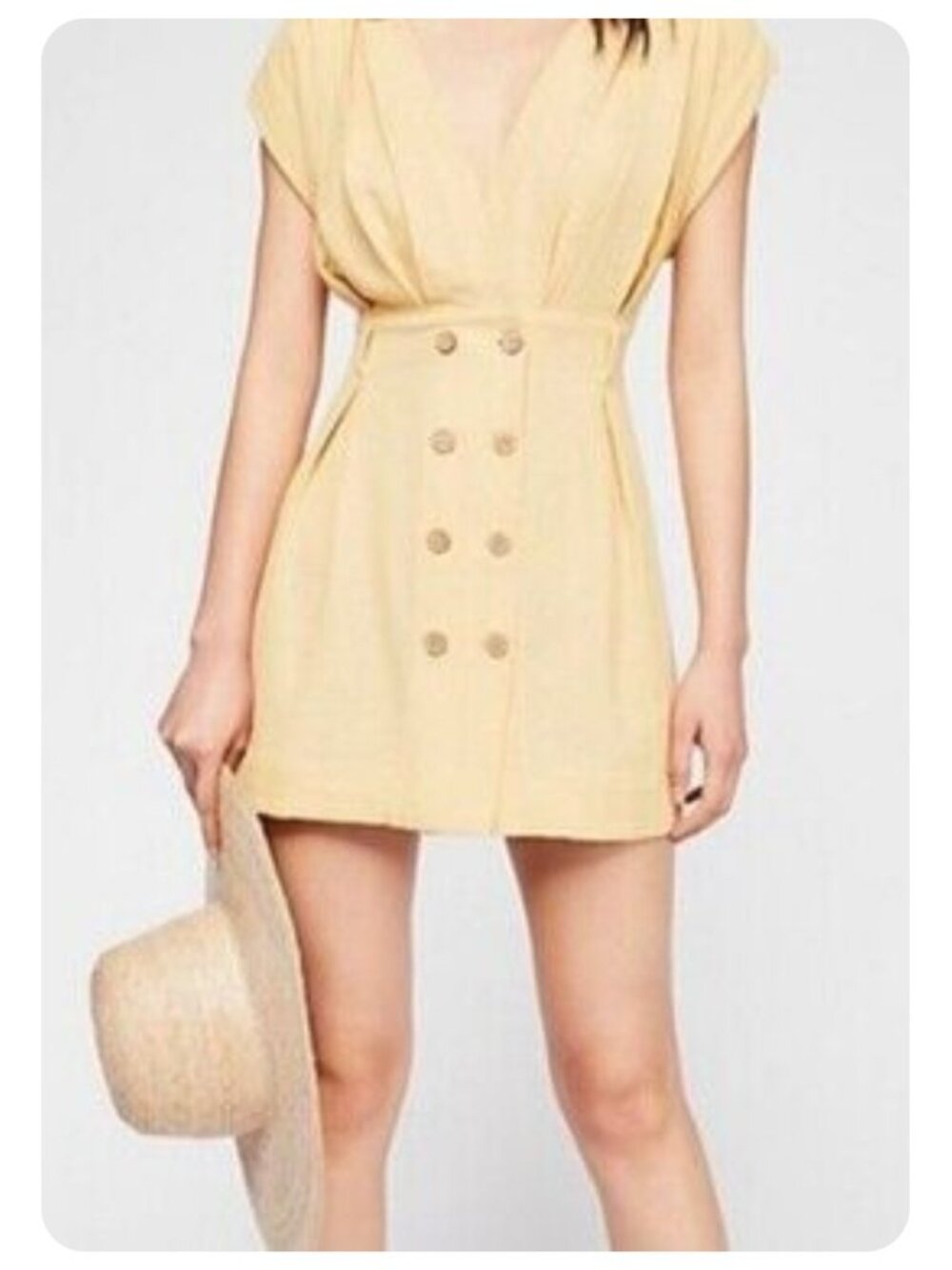 Free People Yellow Button Front V-Neck Open Back Mini Dress sz M